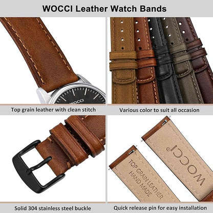 WOCCI Quick Release Watch Band, Distressed Genuine Leather, Stainless Steel Buckle, Strap Width 18mm 19mm 20mm 22mm 24mm