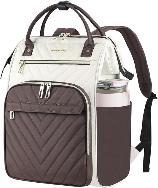 VANKEAN 17 Inch Laptop Backpack for Women Fashion Computer Work Bag, Large Capacity Waterproof Backpack, College Daypack Business Travel, Beige-Coffee