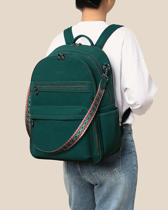 FADEON 15.6 inch Laptop Backpack Purse for Women Designer PU Leather Computer Backpacks Fashion for Work Travel Green