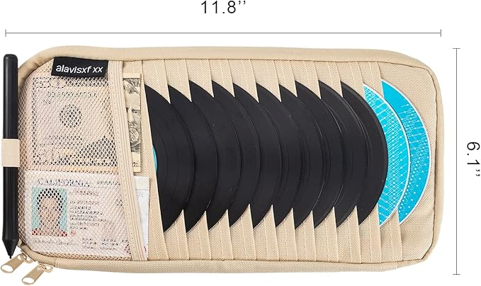 alavisxf xx Car CD Holder, DVD Vehicle Visor Storage Organizer, Large Capacity CD Visor Case with 12 Sleeves, 1 Mesh Pocket, 1 Pen Holder, 1 Back Inner Pocket (Apricot)