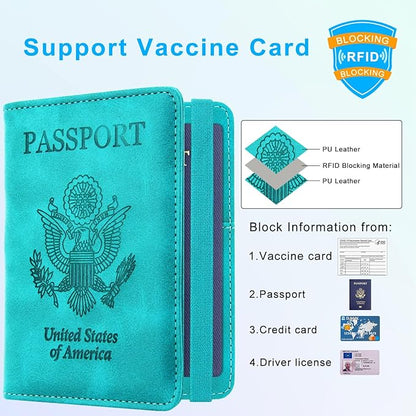 ACdream Passport and Vaccine Card Holder Combo, Cover Case with CDC Vaccination Card Slot, Leather Travel Documents Organizer Protector, with RFID Blocking, for Women and Men, C - Sky Blue, Fashion