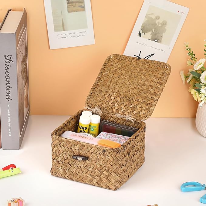 Hipiwe Wicker Shelf Baskets Bins with Lid Handwoven Seagrass Storage Basket Multipurpose Household Organizer for Shelves Home Decor, Caramel Color, X-small