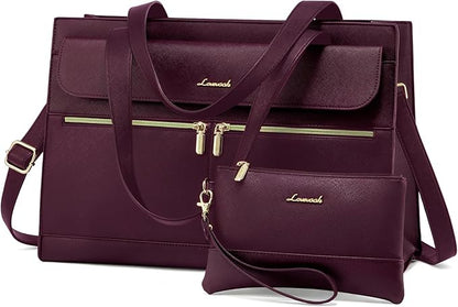 LOVEVOOK Laptop Tote for Women - 15.6 Inch Professional Leather Computer Briefcase, Waterproof Shoulder Bag, Large Capacity Business Teacher Office Bag, Crossbody Purse - Fuchsia