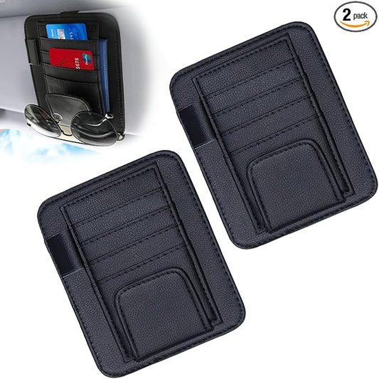 2 PCS Car Sun Visor Organizer, Sunvisor Organizers with Sunglass Holder & Card Sleeve Pocket, Leather Car Sunglass Holder for Most Vehicle of Trucks, SUVs, Black