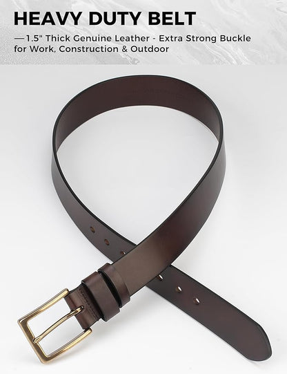Mens Heavy Duty Full Grain Leather Belt - 1 1/2 Italian Genuine Leather with Sturdy Buckle for Jeans Casual Pants