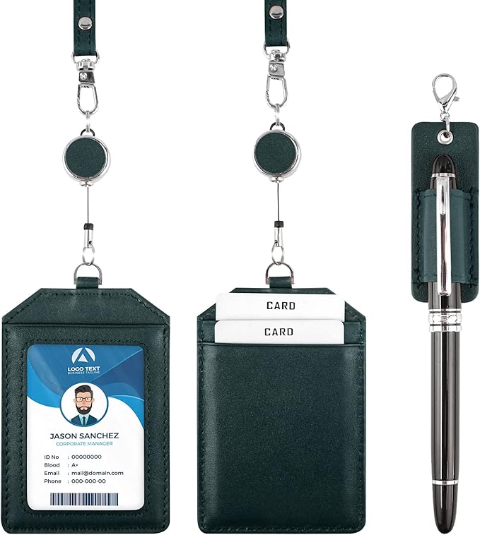Office Badge Holder - Boshiho Genuine Leather Credit ID Card Holder with Stretch Neck Lanyard Vertical Style (Green)