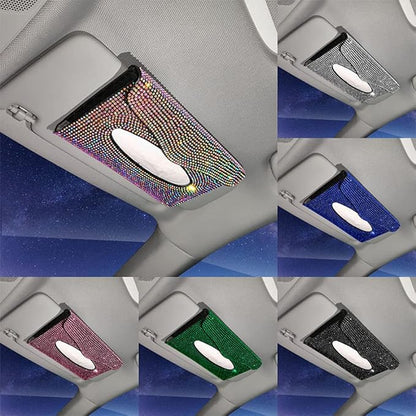 Bling Car Sun Visor Tissue Box Holder Pure Hand-Made Sparkling Crystal Auto Napkin Holder PU Leather Backseat Tissue Case for Women (Silver)