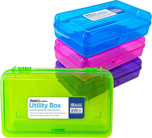 BAZIC PRODUCTS Plastic Pencil Case, Ruler Length Utility Storage Box, Multi Purpose Organizer & Supply Holder, Transparent Box Design, Assorted Color, Ideal for School, Office & Craft Use, 4-Pack