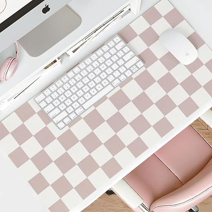 Mouse Pad Leather Desk Mat Large Keyboard Cute Office Desktop Computer Laptop XXL Long Big Aesthetic Modern Design Women Girls Gaming Gamer Oversized Wide Mousepad 31.5"x15.7", Khaki Plaid