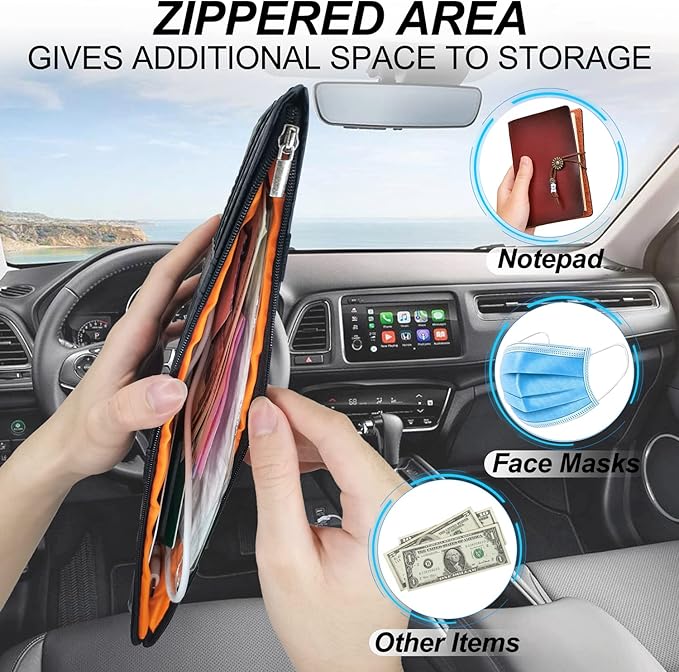 Keedolla 2Pcs Car Sun Visor Organizer with Zipper Pocket, Car Truck Visor Storage Pouch Holder Travel Auto Document Holder for Mobile Phone, Sunglasses, Card - Gray