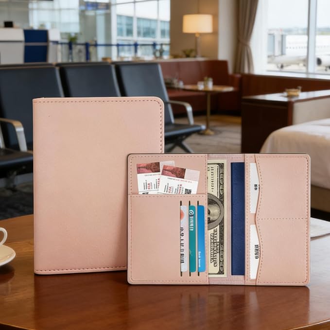 Handmade Travel Wallet for Men & Women - Dual Passport Holder, Ultra-Slim Leather Document Organizer (Black/Pink) (Pink)