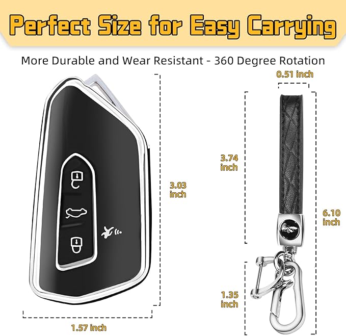 FT FUNTOR Key Fob Cover for Volkswagen,Soft TPU Full Protection Case Compatibale With VW Golf GTI Atlas Skoda Octavia ID3 ID4 MK8 (Black, 4 Buttons)