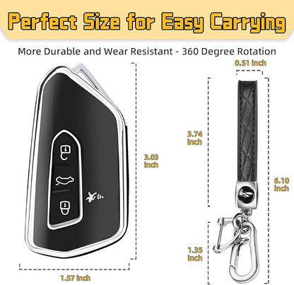 FT FUNTOR Key Fob Cover for Volkswagen,Soft TPU Full Protection Case Compatibale With VW Golf GTI Atlas Skoda Octavia ID3 ID4 MK8 (Black, 4 Buttons)