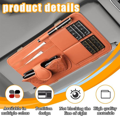 Car Sun Visor Organizer, Leather Multi Pocket Vehicle Visor Storage Pouch for Sunglasses Card License, Multifunctional Auto Interior Organization Accessories, Universal Fit (Brown)