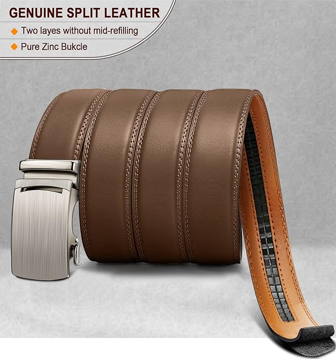 BULLIANT Mens Ratchet Belt,Leather Adjustable Slide Belt For Gift Mens Dress Casual 1 3/8",Size Adjustable