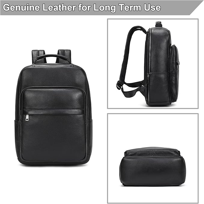 Durable Genuine Leather Backpack - 15.6 Inch Laptop Bag for Business Commute & Travel, Large Capacity Multi-Pocket Backpack for Men/Women, Black