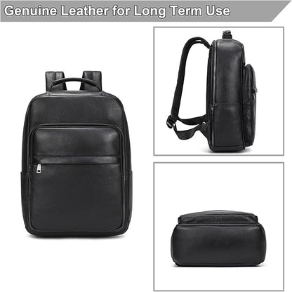 Durable Genuine Leather Backpack - 15.6 Inch Laptop Bag for Business Commute & Travel, Large Capacity Multi-Pocket Backpack for Men/Women, Black