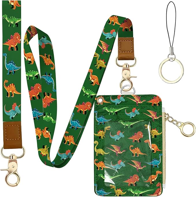 Dinosaur Leather Badge Holder with Zipper Pocket, Green Work Lanyards and 1 Zip Pocket and 4 Card Slots, Breakaway Lanyards with Metal Clasp for Boys, Adult, Teachers