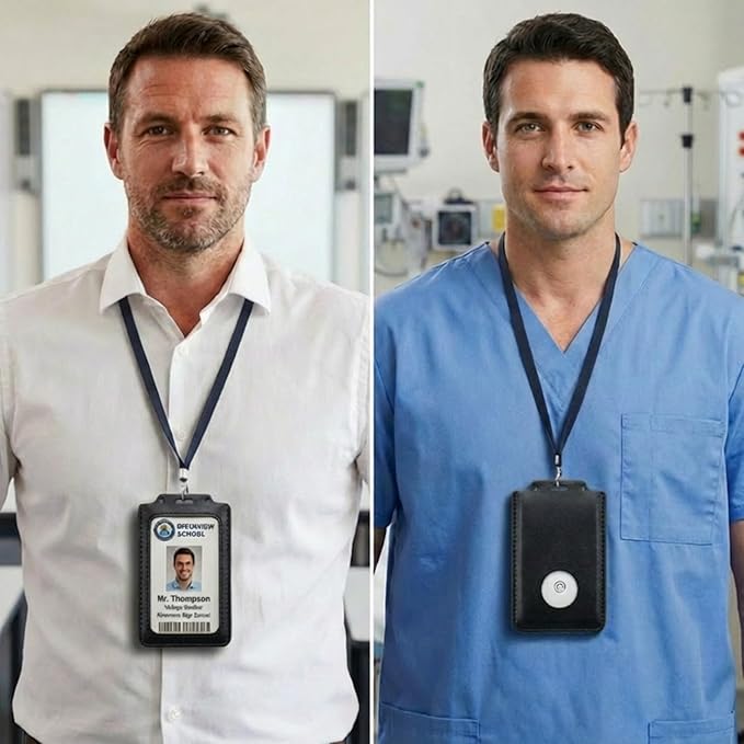 CPLIKE 2-Pack Vertical ID Badge Holder Compatible with Centegix CrisisAlert V2, Slim PU Leather Case with Emergency Alarm Button Cutout for Teachers, Nurses, School & Office Staff