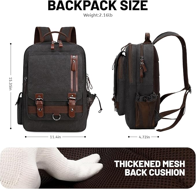 Lanola Water-resistant Canvas Backpack with Anti-Theft Pocket, Daypacks Fits 15.6 Inch Laptop for Men Perfect for Work, Travel, Daily Use (Black)