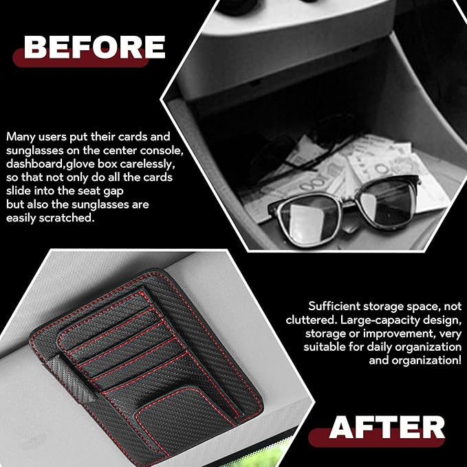 Car Sun Visor Organizer, Multifunctional Auto Visor Document Holder with Sunglasses Clip, Universal Car Interior Accessories Organizer for Drving License, Card, Pen (Carbon Fiber Black&Red)