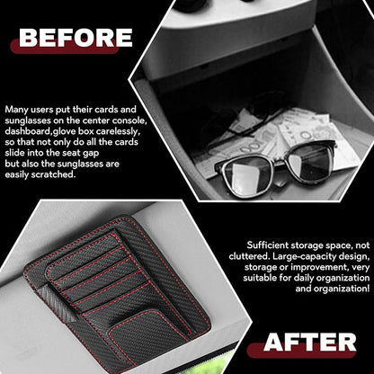 Car Sun Visor Organizer, Multifunctional Auto Visor Document Holder with Sunglasses Clip, Universal Car Interior Accessories Organizer for Drving License, Card, Pen (Carbon Fiber Black&Red)