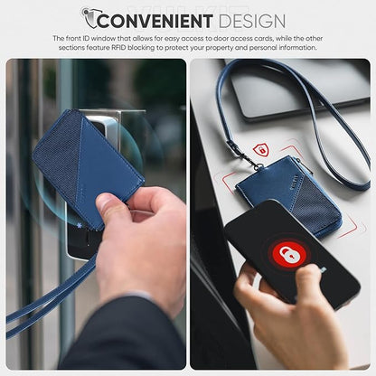 VULKIT Leather Work ID Badge Holder for Lanyard with Zipper Pocket, Work Badge Lanyard for Women and Men, Suitable for Offices Staff, Teacher, Can Hold Coins, Key, Cash, Credit Card, Navy Blue