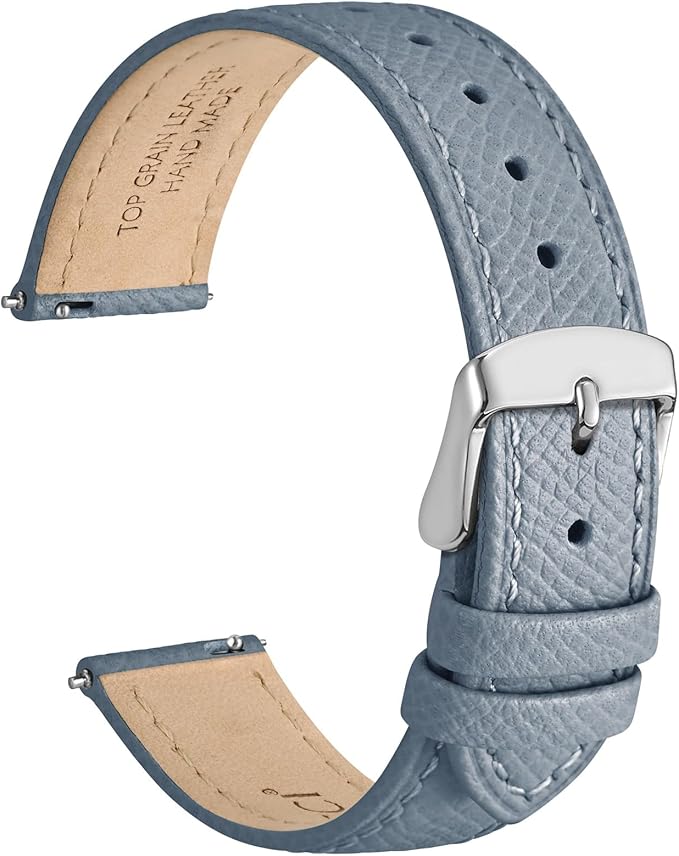 WOCCI 16mm Grace Watch Band for Ladies, Top Grain Leather, Quick Release Replacement Strap with Silver Buckle (Mist Blue)