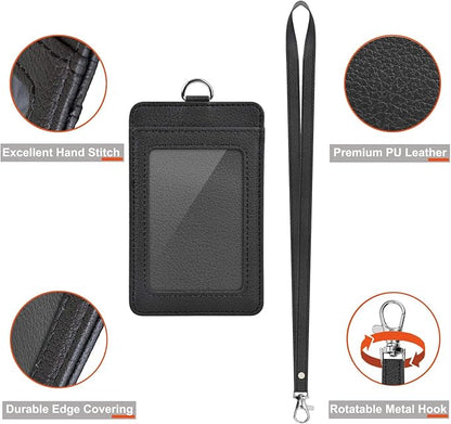 2 Pack PU Leather ID Badge Holder, Life-Mate ID Badge Holder with 1 Clear ID Window 1 Credit Card Slot and PU Leather Lanyard for Badge Credit Cards College ID Cards in Black