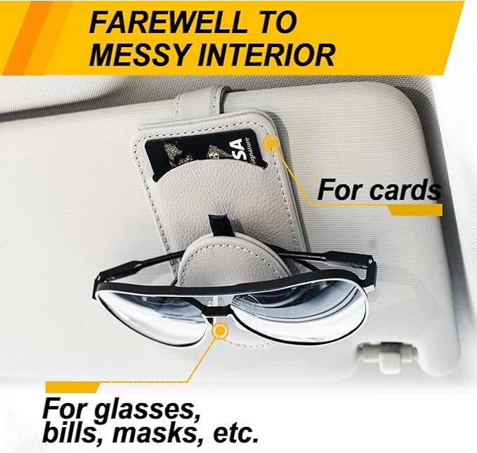 Sunglass Holder for Car Visor, Magnet Adsorbed Sunglasses Holder for Car Accessories Parts, Leather Car Sunglass Holder, Car Visor Sunglasses Clip for Glasses Cards (2PCS, Gray)