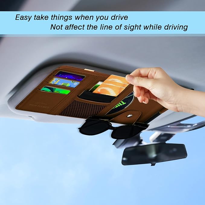 Car Sun Visor Organizer, Leather Pocket Organizer Sunglass Holder for Car Interior Accessories with Multi-Pocket Net Zipper (Brown)