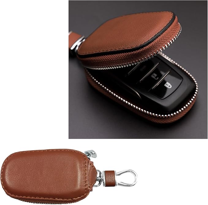 Car Key Case, Genuine Leather Auto Key Fob Cover Case, Key Fob Protector with Metal Hook, Car Smart Keychain Holder (Brown)