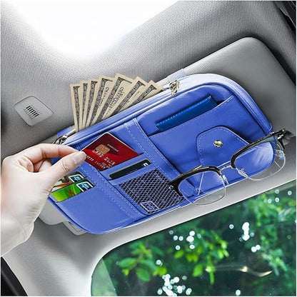 Car Sun Visor Organizer, Sunglass Holder and Storage Pocket, Card Cash Pouch with Multi-Pocket Net Zipper, Case Bag for License Pen Key, Auto Interior Accessories for Truck, SUV, Van (Blue)