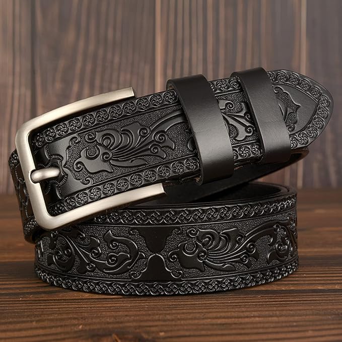 Men's Casual Genuine Leather Jeans Belts Vintage Leather Engraved Strap with Single Prong Buckle