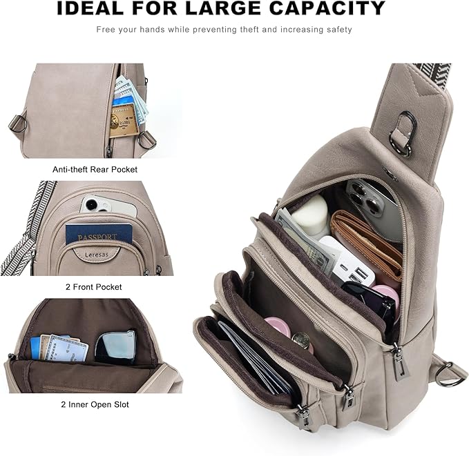 Leresas 10L Crossbody Sling Bag for Women Men Anti Theft Cross Body Fanny Pack Belt Bag Purse Gifts for Women Faux Leather, Light Grey