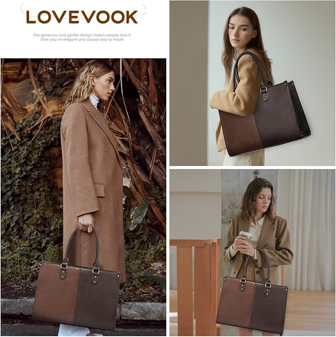LOVEVOOK Laptop Tote Bag for Women, 15.6 Inch Large Capacity Vintage Leather Work Computer Bag, Business Casual Shoulder Handbag, Brown & Coffee