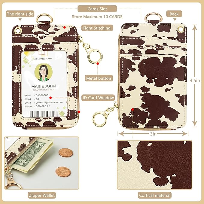 bolimoss Cow Print Lanyards for ID Badges and Keys,2-in-1 Cute ID Badge Holder & Lanyard Wallet,PU Leather Wallet Lanyard Card Name Tag Protector for Nurses, Doctors, Teachers, Students (Brown)