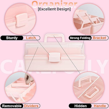 TERGOO 12.5in 3-Layer Multipurpose Craft Organizers and Storage with Adjustable Dividers, Portable Tackle Box, Folding Art & Craft Case for Medicine, Tool, Sewing Organizer (Pink)