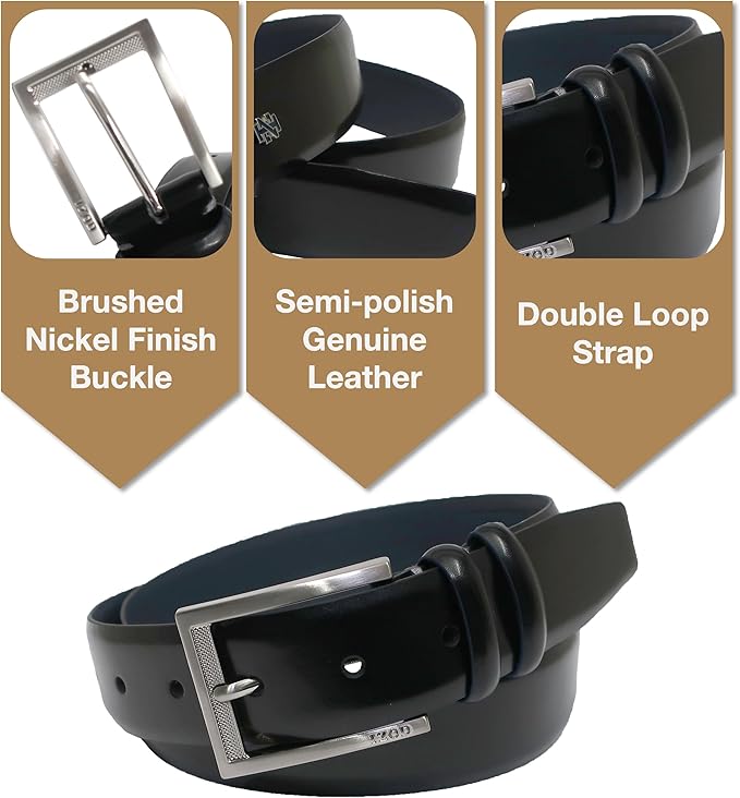IZOD Men's Leather Belt - Feather Edge Stitching, Double Loop Strap, 1 3/8" for Work, Dress, Casual