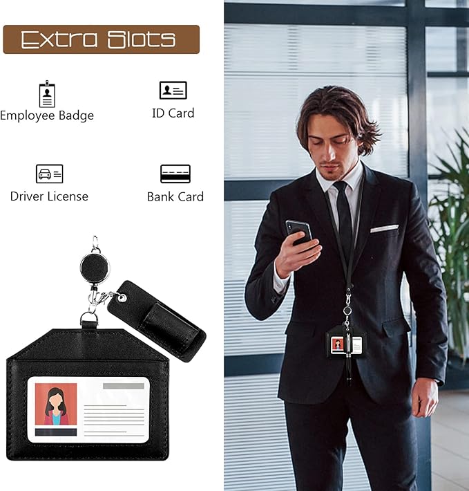 Office Badge Holder - Boshiho Genuine Leather Credit ID Card Holder with Stretch Neck Lanyard Horizontal Style (Black)