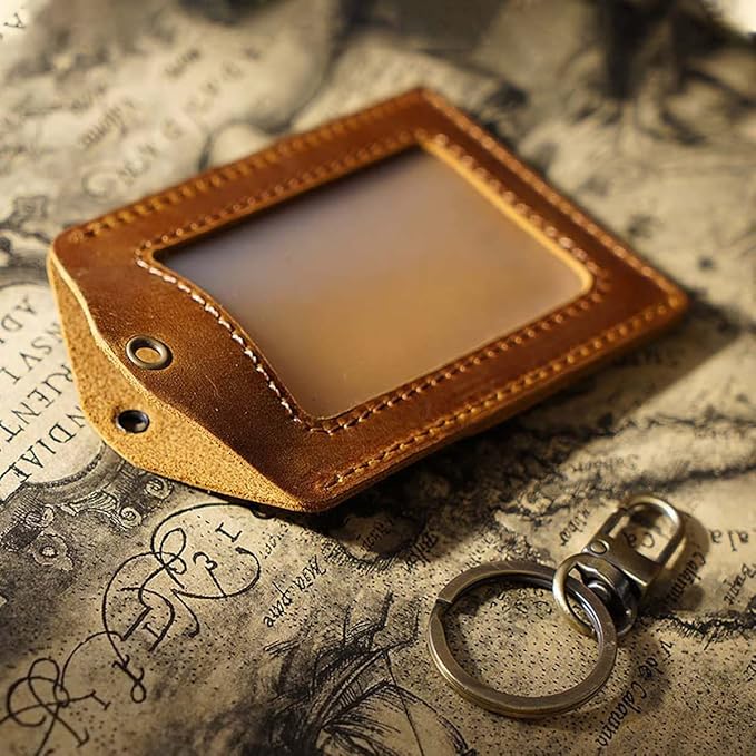 Badge Holder- Vertical Genuine Leather ID Badges Holder Durable Keychain ID Card Holder with Heavy Duty Neck Lanyard for Office, School, Conferences