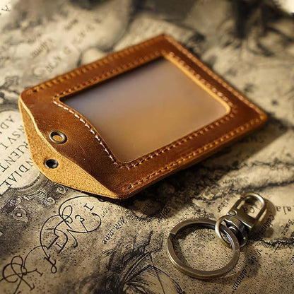 Badge Holder- Vertical Genuine Leather ID Badges Holder Durable Keychain ID Card Holder with Heavy Duty Neck Lanyard for Office, School, Conferences