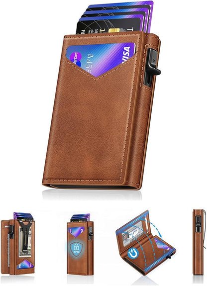 Wallet for Men, RFID Wallet with Money Clip & ID Window, Minimalist Pop Up Credit Card Case Holder 10-12 Cards, Bifold Slim Smart Wallet for Front Pocket, Compact Metal Wallets, Gifts for Men, Brown