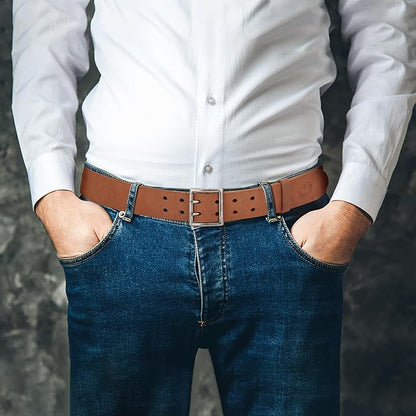 BISON DENIM Men's Belts Leather Dress Genuine Leather Classic Heavy Duty Buckle Belt Casual for Jeans