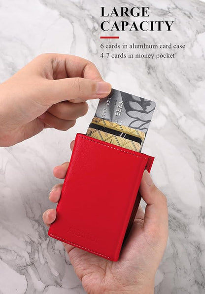 Small Wallet for Men-Pop Up Card Case,with Money Clip Slim Leather Slots Credit Card Holder RFID Blocking Trifold Minimalist Wallet with ID Window and Coin Purse(Red Small Wallet for Men Gift