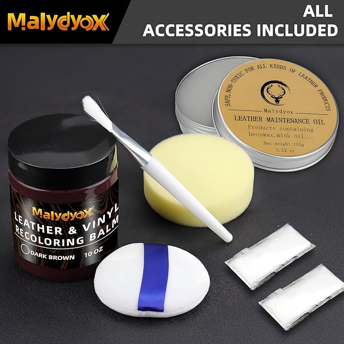 Malydyox 10oz Leather Recoloring Blam with 3.52oz Mink Oil, Leather Repair Kit for Furniture, Leather Couches Restorer, Leather Couch Repair, Leather Conditioner for Couch (Dark Brown)