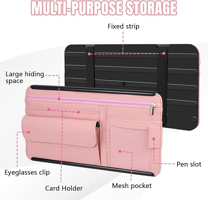 Hovom Car Visor Organizer, Leather Multi-Pocket Auto Sun Visor Storage Pouch with Sunglasses Holder, Card Holder, Zipper Pocket, Net Pocket, Pen Slot, Universal Interior Car Accessories (Pink)