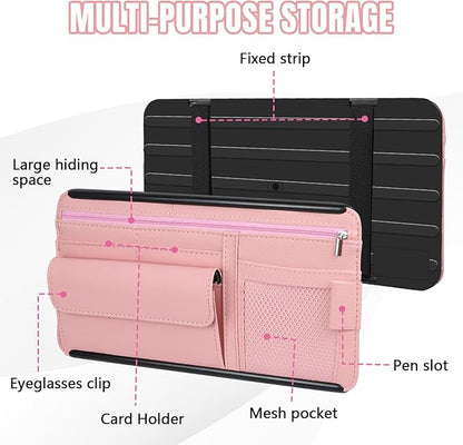 Hovom Car Visor Organizer, Leather Multi-Pocket Auto Sun Visor Storage Pouch with Sunglasses Holder, Card Holder, Zipper Pocket, Net Pocket, Pen Slot, Universal Interior Car Accessories (Pink)