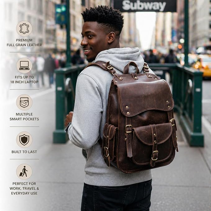 Handmade World Full Grain Leather Backpack for Men – 18 Inch Laptop Bag, Handmade Real Leather, Business Travel Work Backpack, Vintage Rucksack for Office & Carry On (Brown)