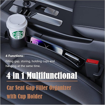 Dual Slot Car Seat Gap Organizer with Cup Holder, Universal Auto Gap Filler Strip 2 Pack with Seat Belt Holes, Carseat Side Gap Guard Spacer Accessories to Fill The Space Between Front Seat & Console